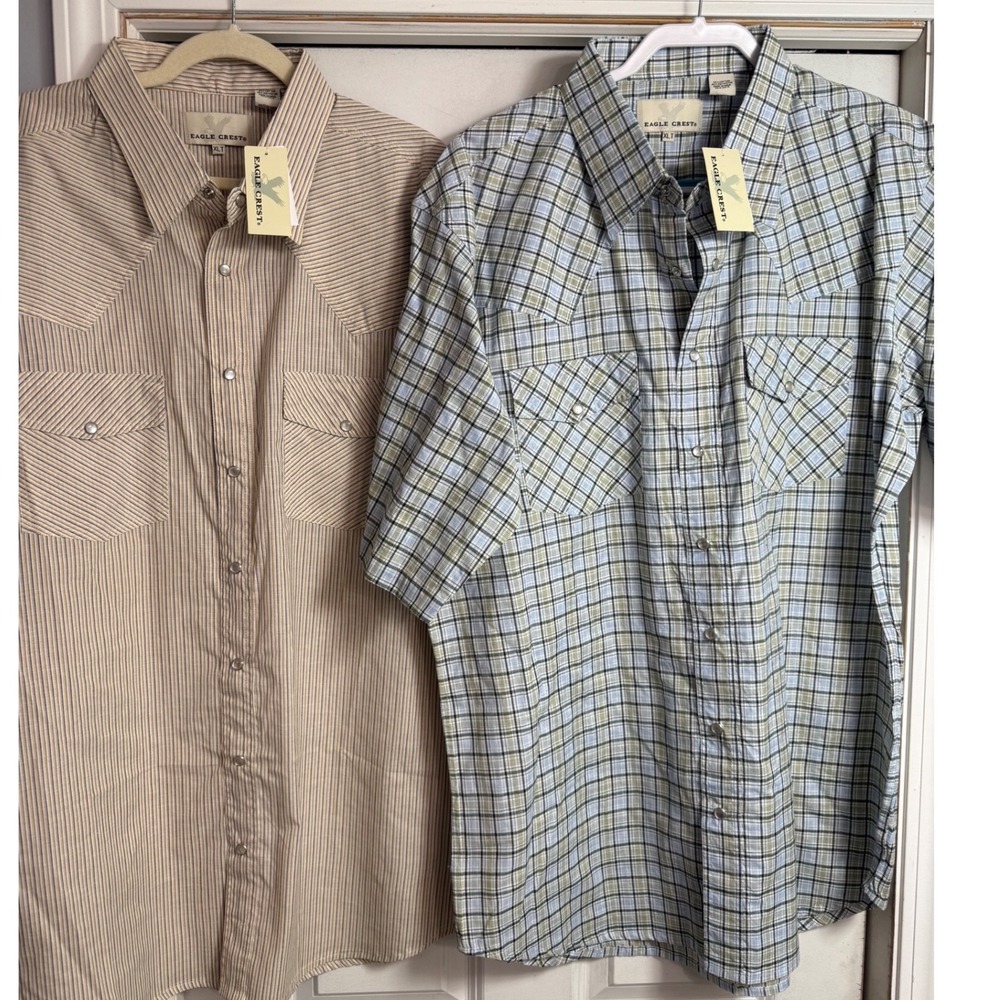 Eagle Crest Mens XLT Western Pearl Snap Shirts 2 Plaid Striped Short Sleeve NWT